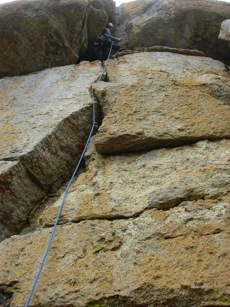 Looking up Pitch 1 from the belay stance at the base.  Photo by Sarah Kate Selling.