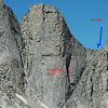 Photo of the "Apostle" formation with location of the Great Grey book route and the descent gully