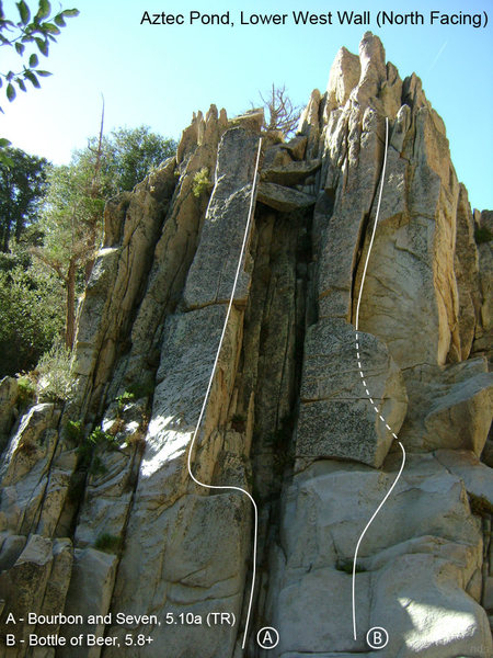 Aztec Pond, Lower West Wall (North Facing)<br>
A - Bourbon and Seven, 5.10a (TR)<br>
B - Bottle of Beer, 5.8+