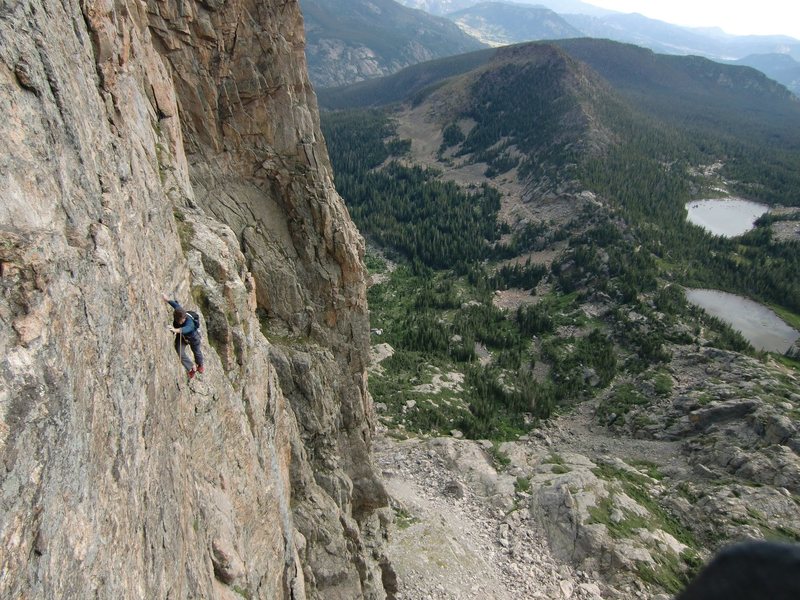 Matt Cohen follows our pitch 3. Wildly exposed 5.8 traverse. 2 pieces of gear in 80'. Awesome.
