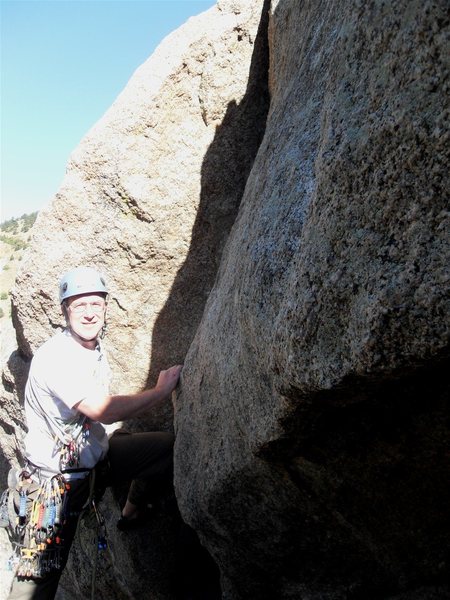 The crack going through the "tall" end of the roof on the far left side at the top of East Slab. This crack is fairly stiff for a 5.6 climb. But if you go over the roof about 20 feet to the right of here, you can almost just step over the roof.