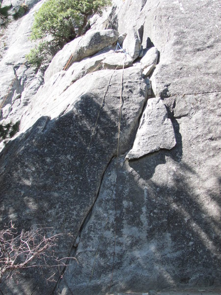 Hanging Flake route follows hand crack up to the "hanging flake." Then to ledge with gear anchors.