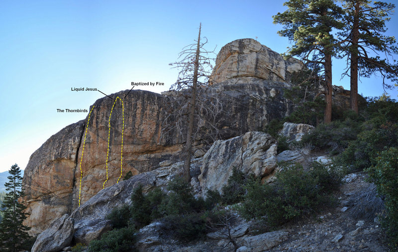 Location of routes on the east face taken from the Moser Guide