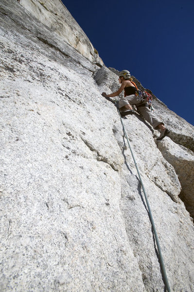 Claire Rasmussen moving past pitch one crux at bolt...