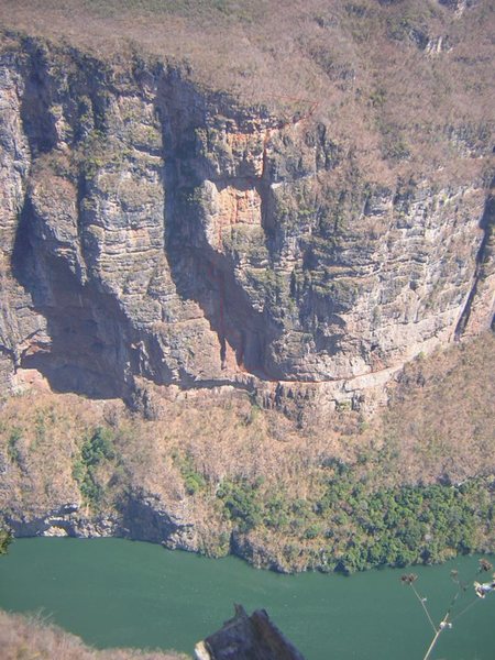 Photo taken of the route "Hombres del Panuelo Rojo" from the view point "El Coyote", located above The Sumidero Canyon.