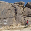 Carlo Rivas climbing Mickey's Easy Corner(5.3 variatoin) on TR, Ghost Boulders, Johnson Valley Area.