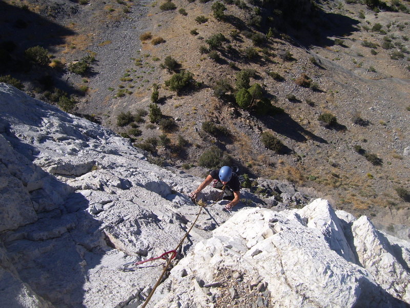 My favorite pitch in the first 8: Frosted Flakes. Just look at how white the limestone is! And it is very solid with great holds and a fantastic roof with a perfect jug for pulling.