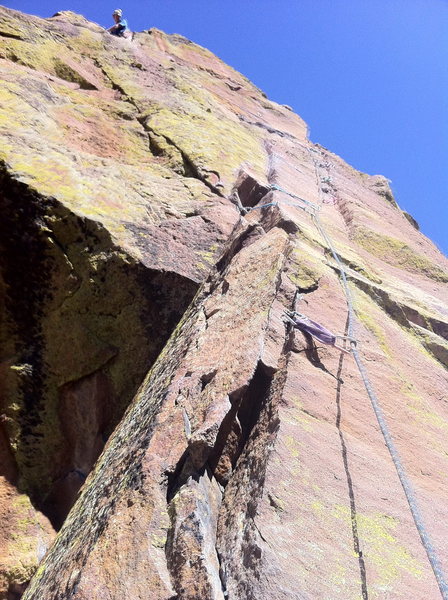 5th Pitch - Three pin crux followed by an exposed traverse.