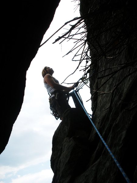 Table Rock, Cave route, Spencer belays after 1st trad lead. Yay!