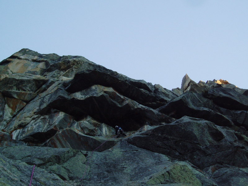 Pitch 3, from here the route goes up and right through the weakness in the roof