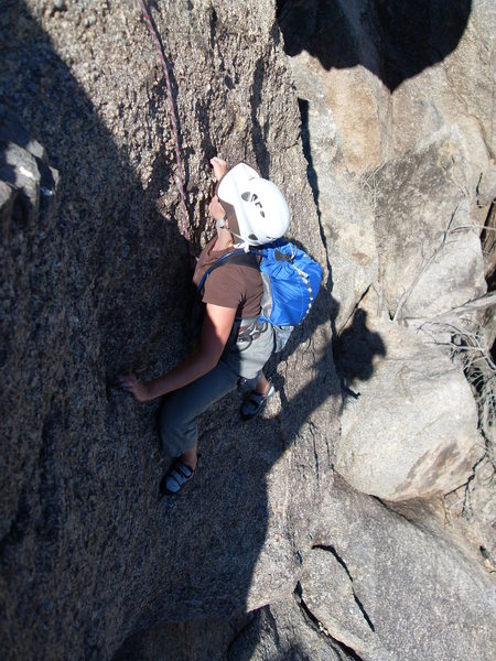 The seemingly overhung face is really fun to climb and not nearly as steep as it looks from below!