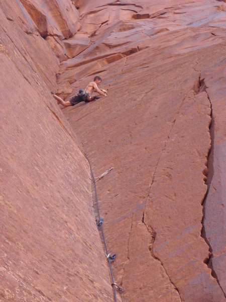 A close up of the crux corner with the finger crack visable above me.