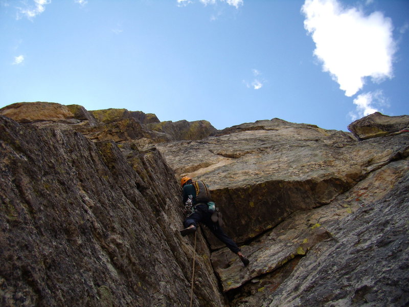 Hallet Peak, RMNP, October 3rd 2010. Culp - Bossier. With Brad starting up the crux corner.
