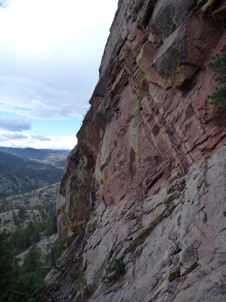 Ben up high on Spicoli making thin moves before the roof crux. This route is SOOOO classic.