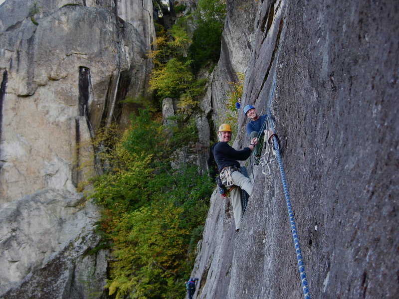 Chris Graham and Bob Ahearn glad to be through the crux pitch. Photo: Jeff Longcor, 2010