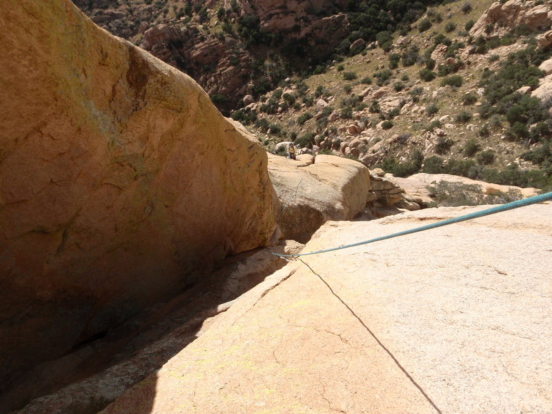 Looking down pitch 5 while standing below the pitch 5 A0 crux.