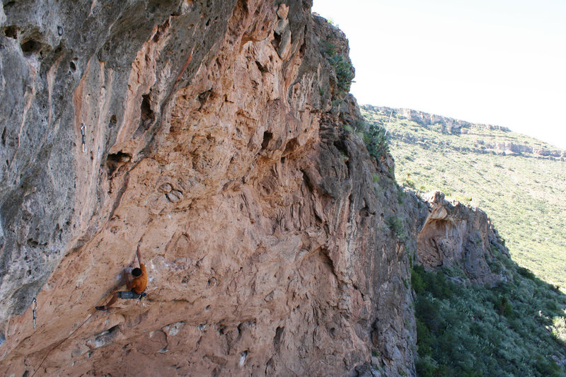 Working through the upper headwall on easier climbing. Photo by Matt Moore