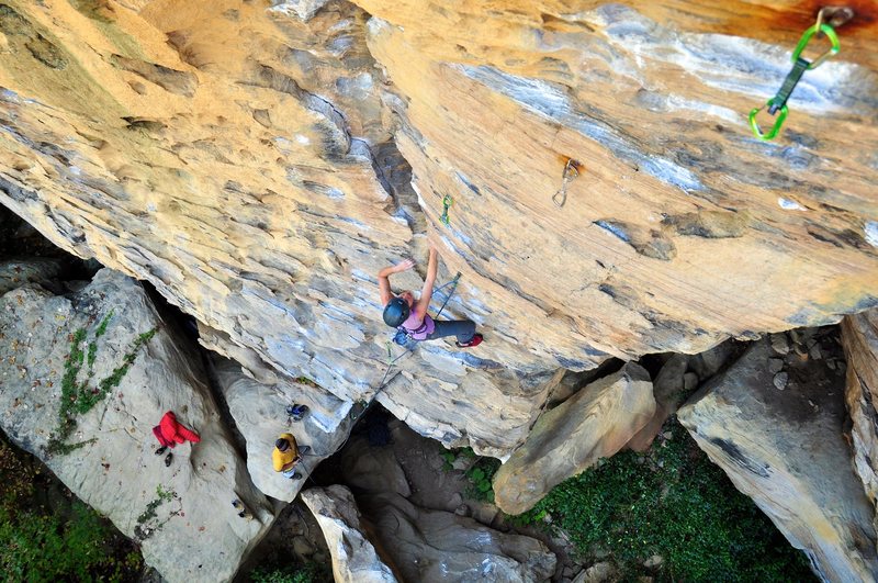 Enjoying the fun, juggy climbing on Toker. October 2010, prior to the rebolting of this fine route. You can see the corrosion streaks of the old bolts. Bad news. Glad those bolts were replaced!