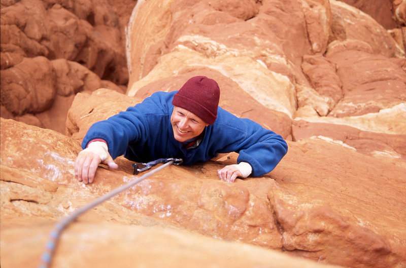 Doug Biber follows the face moves at the end of the second pitch (delighted to have a top rope!).
