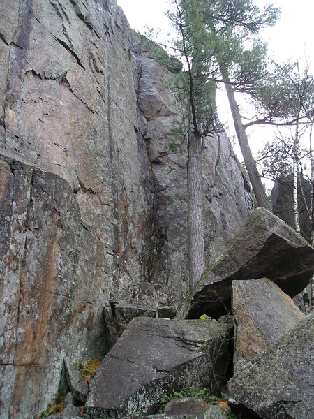 Route almost exactly behind left hand tree. Sponge Bob (5.7) is the dark streak inside the small dihedral just left of tree., Anchors at top.