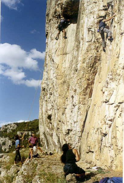 The climber on the left is just about to pull the roof.