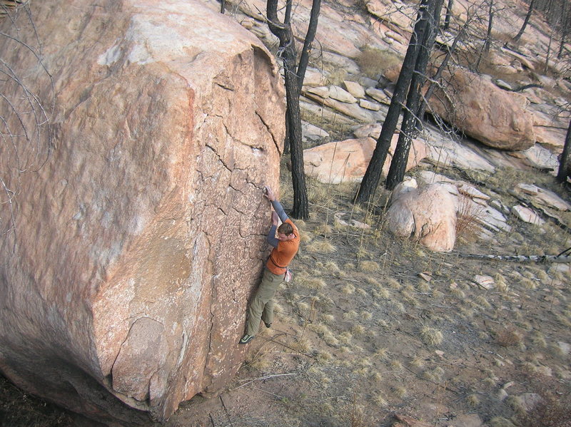 V2s don't get much better than this. This block could host about 8 problems. <br>
<br>
The area beneath the brown wall has seen the most developement as far as bouldering goes. There are beautiful boulders all over the place, put on your adventure hat and find yourself a sweet line.
