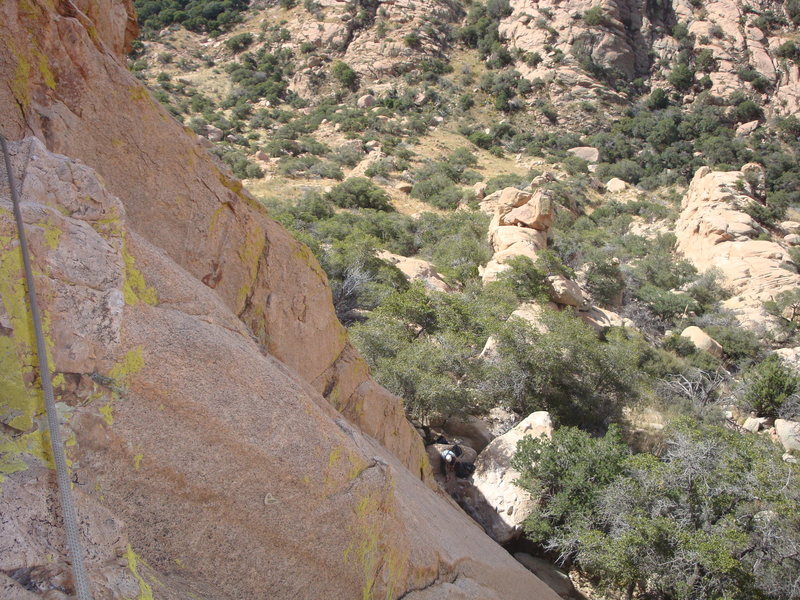 1st Pitch from the two bolt anchors left of the crack...Dashle ready to climb it.