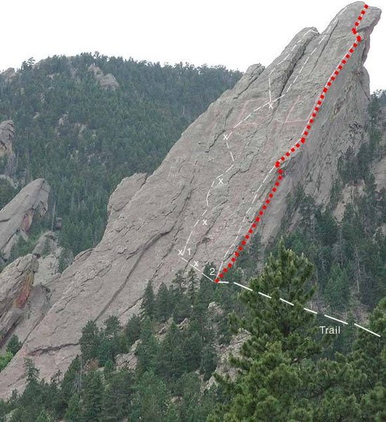 Our route was along the red dotted line. The white dashed line, I think, is College Drop Out. The part where the route meets College Drop Out was the most difficult part for me. Someone with really long reach could climb it with easy, but if you have a short reach like I do, then it will be a real workout as there are no good hand/foot holds.