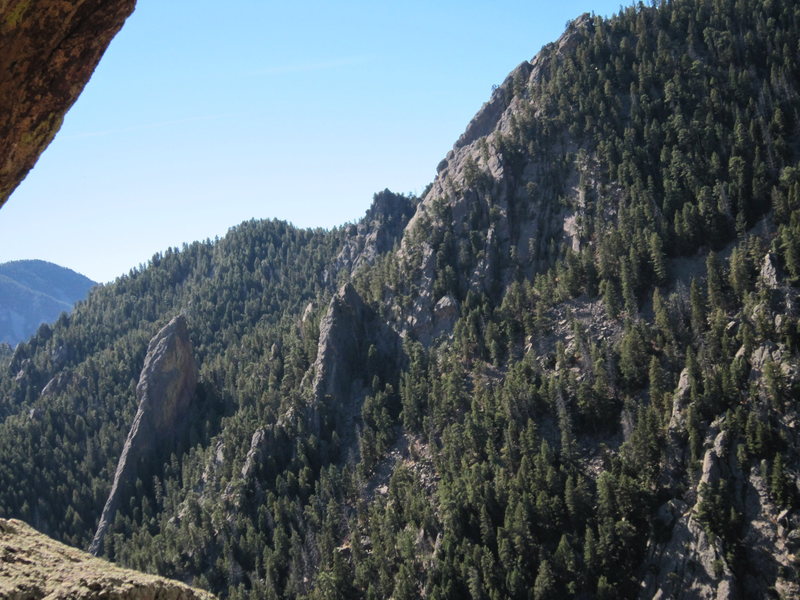 The Lost And Found Flatiron appears as the jagged horizon in this photo, looming above the Matron (left) and Sibling (right).