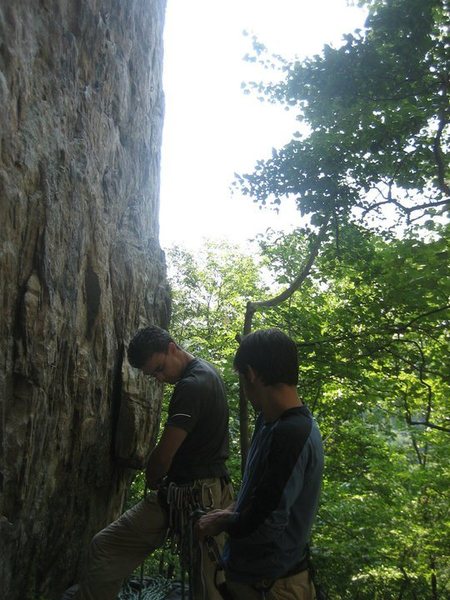 Getting ready to lead the route which starts on the big flake over there on my right.
