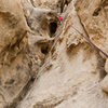 Michael McKay climbs the classic Eye on Cyclops Rock, Joshua Tree National Park.