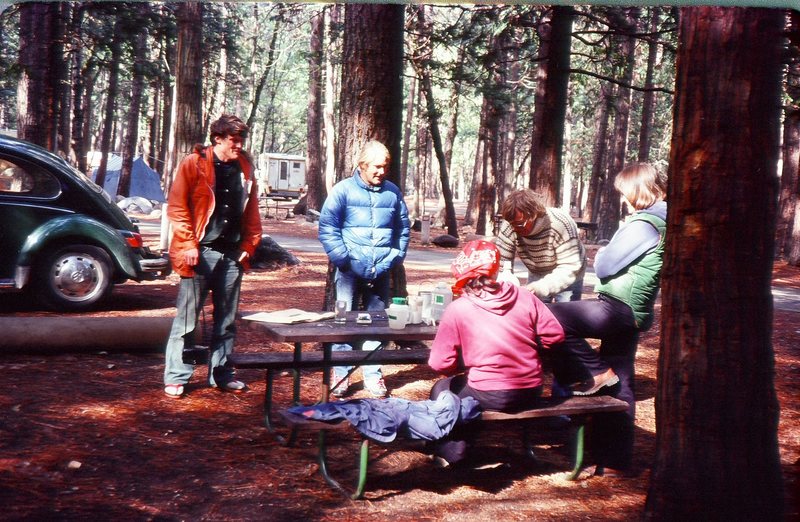 Upper Pines campground Yosemite Valley.<br>
Scott Jenson, Dave Bell, Buc Taylor,and two girls that taged along from the bar the night before.