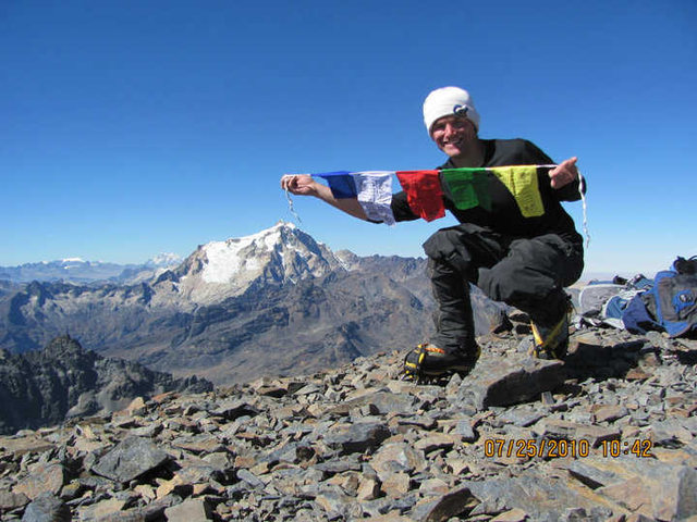 On the summit of Pequeno Alpamayo after what a local guide referred to as, "a crazy, good climb!" A group of French climbers sat on Tarija to watch my solo effort up the Direct Route
