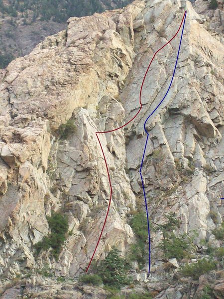 Another view of the Northwest Face, showing Kiss the Sky-purple and Mad Calf (with original start)-blue.