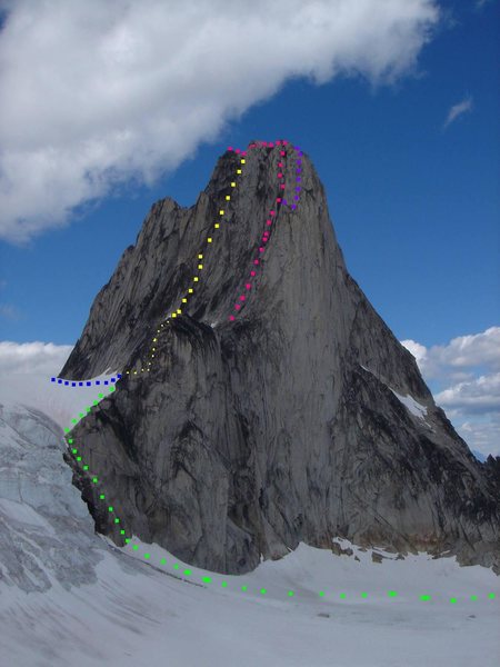 Southwest Ridge of Snowpatch<br>
Photo by MP contributor Kevin Craig<br>
<br>
Pink - Southwest Ridge Direct Finish<br>
Purple - Surfs Up<br>
Yellow - Kain-McCarthy <br>
Blue - Bugaboo-Snowpatch Col route<br>
Green - Pigeon-Snowpatch Rappels<br>
<br>