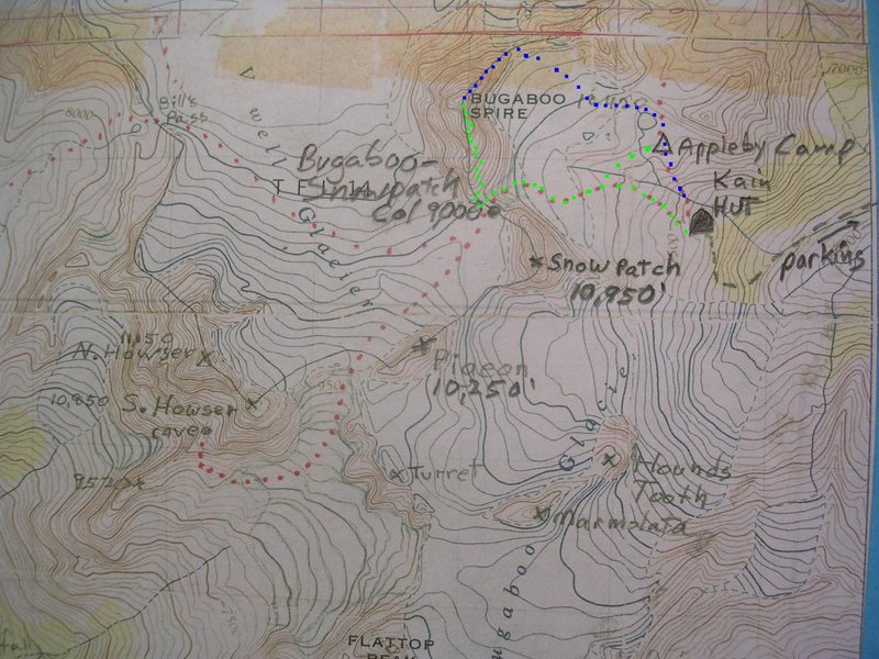 Map for Northeast Ridge, Bugaboo Spire<br>
contour interval: 100 feet<br>
<br>
Blue - Northeast Ridge<br>
Green - Kain Route Descent
