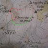 Southwest Ridge, Snowpatch Spire<br>
contour interval:  100 feet<br>
<br>
Red - Bugaboo-Snowpatch Col Approach<br>
Purple - Southwest Ridge Direct<br>
Yellow - Kraus-McCarthy <br>
Green - Snowpatch Rappels