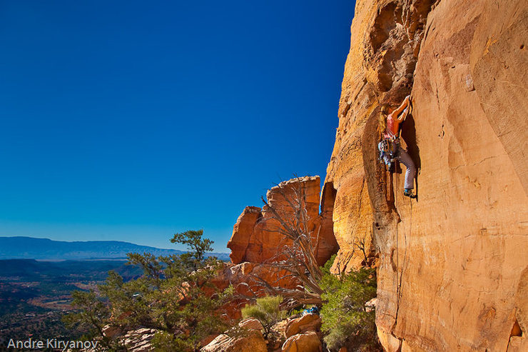 Leah Sandvoss on the first pitch (5.10) of Swinging Monkey Phenomenon, Upper Beach, Church Spires, Sedona, AZ<br>
Photo by Andre Kiryanov
