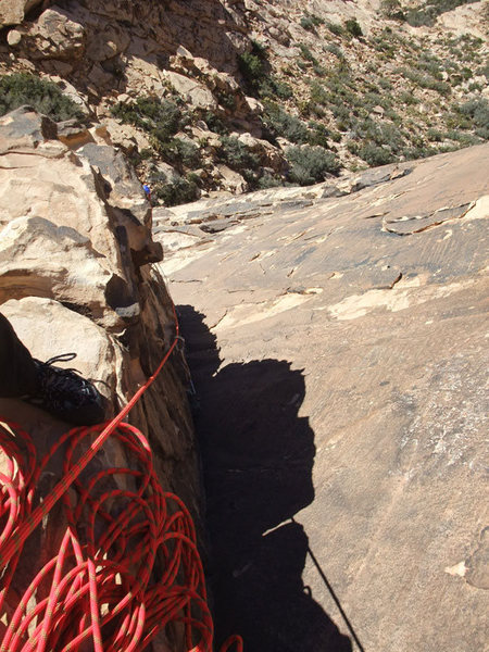 the dihedral on P1 (belay is just below the heart-shaped arch)