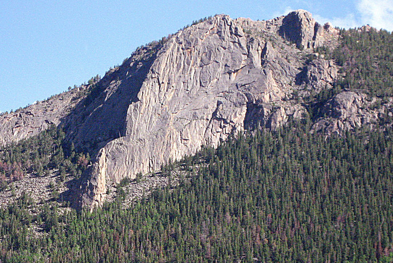 Deer Mt. viewed from the NW on Fall River Valley Rd. Nun Buttress is on the left side of the arete. Nun Pillar is in front of the arete.