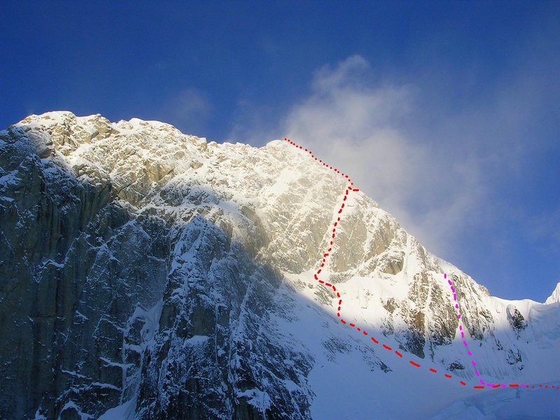 Huntington's West Face<br>
<br>
Red - West Face Couloir<br>
Purple - Harvard Rt (direct ice start)