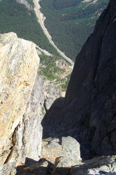 Looking down at the hairpin turn from the traverse just below the summit.