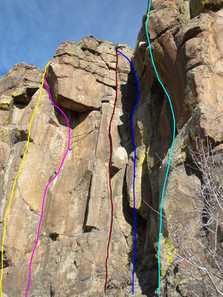 Yellow - This Bolt's For You.<br>
Pink - Chillin' and Drillin'.<br>
Maroon - This Bone's For You.<br>
Blue - Chimney Route.<br>
Light Blue - Hand Crack.
