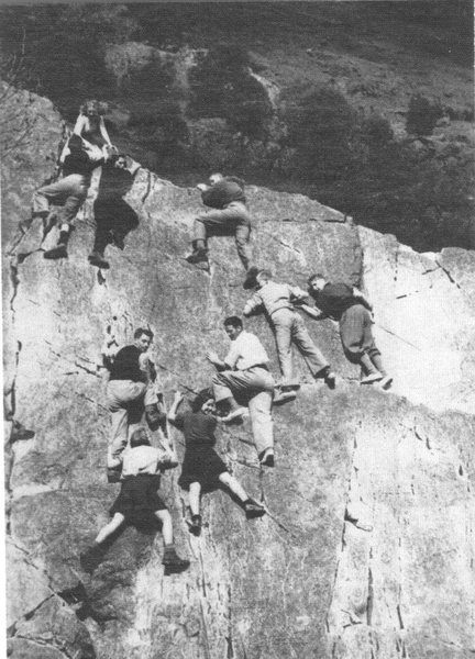 Part of Seathwite boulders.(Flight of the Hairy Fairies). This is how bouldering was treated around 1939 ,well before mattresses, chalk, climbing shoes,and BS,.... and well before anyone could imagine that it would become connected to the hobby of real climbing.What next. Note the lady lower left with the trouser pull V6 move