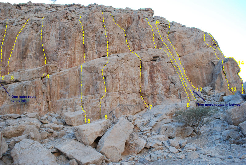 This is a topo of the routes. There are 3 more route here not shown in the picture. "Dee's Dilemma" follows the short steep crack to the left of route number 2. "Asolo" and "True Grit" are in the area in between routes 9 and 10.