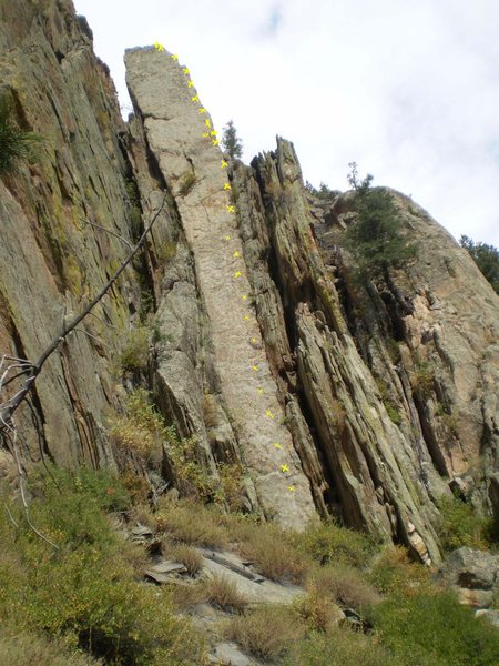 PTSD with the original bolts drawn in. Since this photo and my climbing it, it has been rebolted.