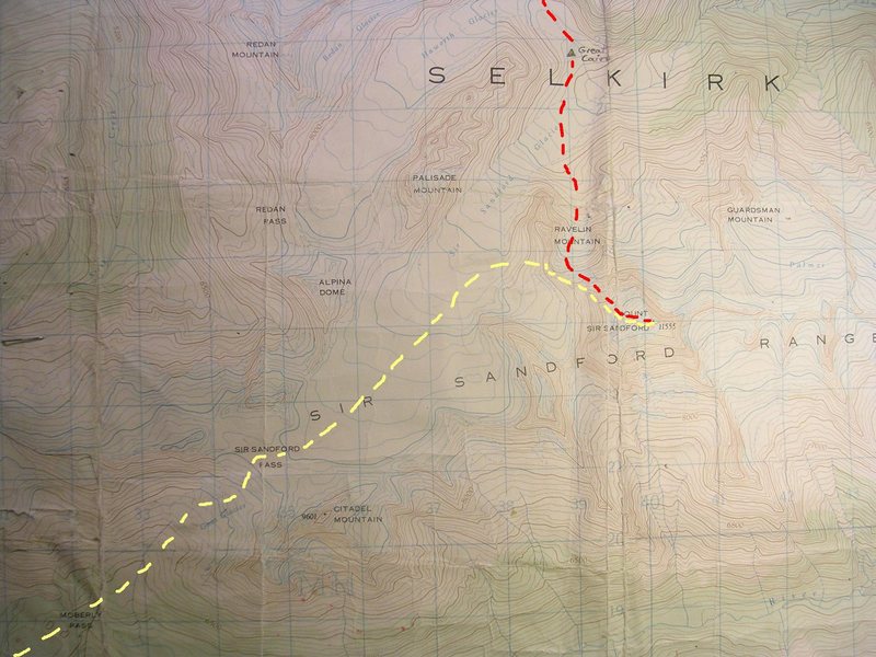 Moberly Pass Approach Map<br>
contour interval: 100 feet<br>
one kilometer grid<br>
<br>
Red - First Ascent Rt (Avalanche!)<br>
Yellow - Moberly Rt/NW Ridge
