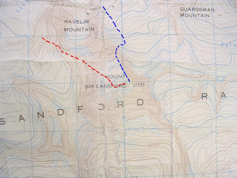 North Buttress Sir Sanford<br>
contour interval: 100 feet<br>
one kilometer grid<br>
<br>
Blue - North Buttress<br>
Red - Descent<br>
Red arrow - rap steep buttress to avoid Hourglass.