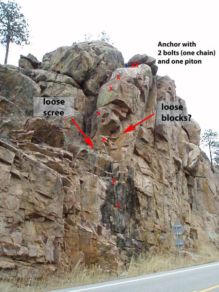Shows approximate bolt and anchor locations for Psychovino's Spaghetti Hell @ Turd World Country.