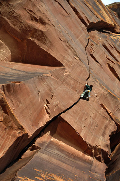 Indian Creek, 2nd Meat Wall, Carnivore 12a. Climber unknown getting the onsight.
